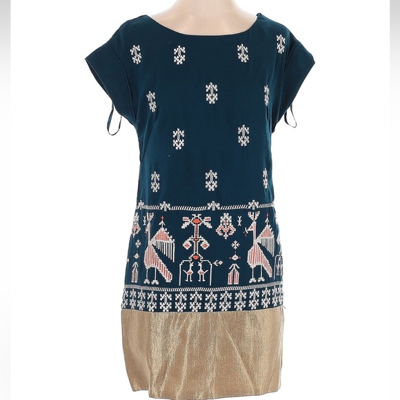 Anthropologie Floreat Avian Myth Shift Dress Teal Gold Embroidered Aztec Size 0 - Picture 3 of 8